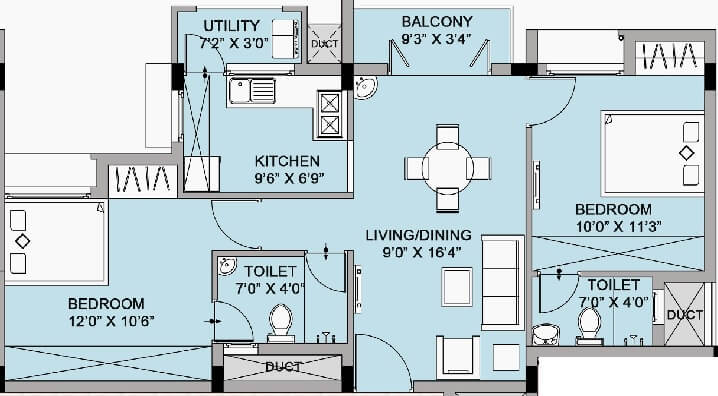 Floor plan of 2 BHK 975 Sq. Ft. Apartment in Urban Tree Oxygen, Chennai