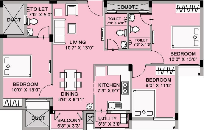 Floor plan of 3 BHK 1263 Sq. Ft. Apartment in Urban Tree Oxygen, Chennai