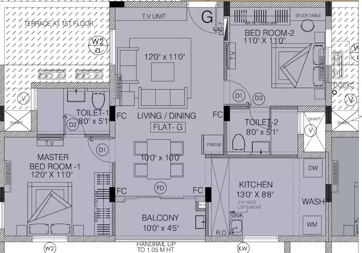 Floor plan of 2 BHK 1043 Sq. Ft. Apartment in Urbando Eterna, Chennai