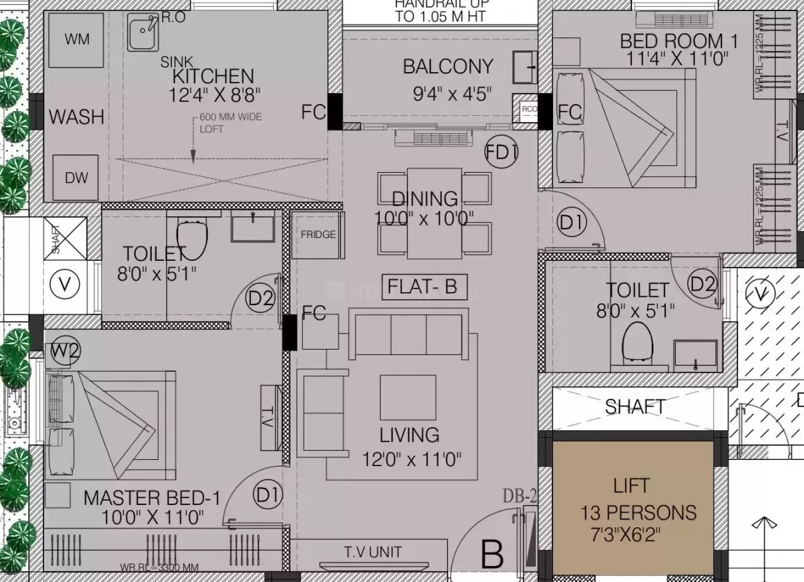 Floor plan of 2 BHK 989 Sq. Ft. Apartment in Urbando Eterna, Chennai