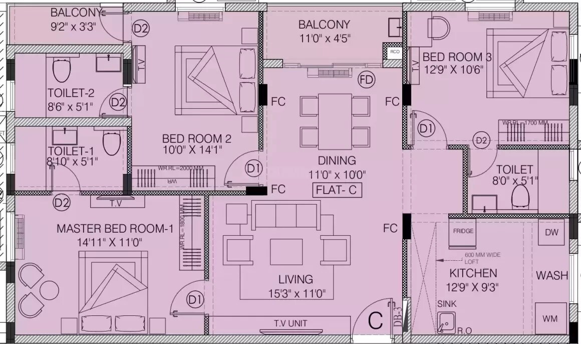 Floor plan of 3 BHK 1485 Sq. Ft. Apartment in Urbando Eterna, Chennai