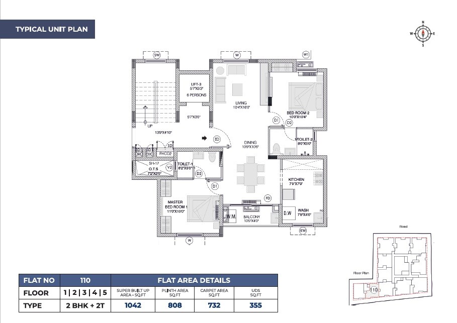 Floor plan of 2 BHK 1042 Sq. Ft. Apartment in Urbando Gaiety, Chennai
