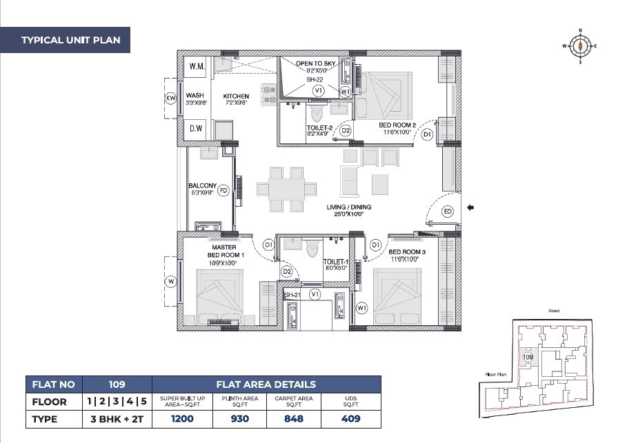 Floor plan of 3 BHK 1200 Sq. Ft. Apartment in Urbando Gaiety, Chennai