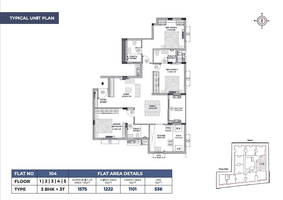 Floor plan of 3 BHK 1575 Sq. Ft. Apartment in Urbando Gaiety, Chennai