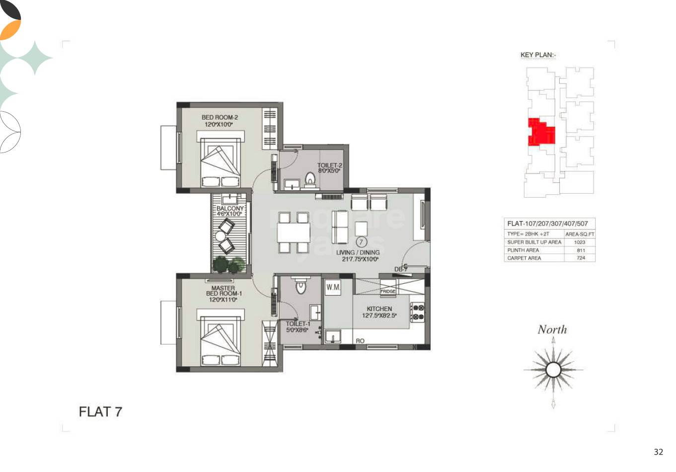 Floor plan of 2 BHK 1023 Sq. Ft. Apartment in Urbando Kosmos Orbiz, Chennai