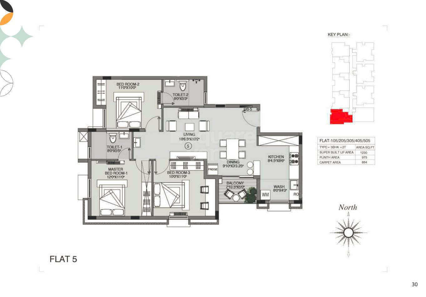 Floor plan of 3 BHK 1230 Sq. Ft. Apartment in Urbando Kosmos Orbiz, Chennai