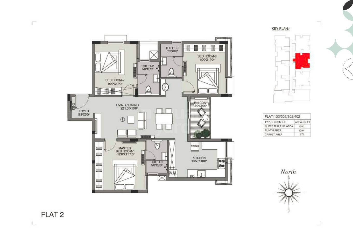 Floor plan of 3 BHK 1380 Sq. Ft. Apartment in Urbando Kosmos Orbiz, Chennai