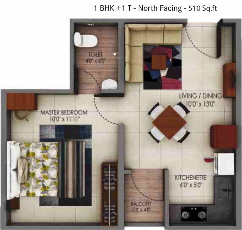 Floor plan of 1 BHK 510 Sq. Ft. Apartment in Urbanrise Code Name Independence Day, Chennai