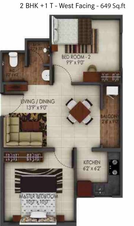 Floor plan of 2 BHK 629 Sq. Ft. Apartment in Urbanrise Code Name Independence Day, Chennai