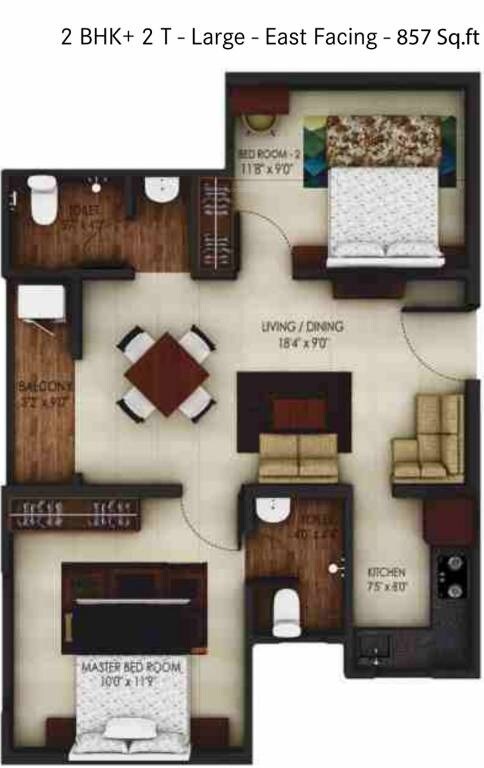 Floor plan of 2 BHK 857 Sq. Ft. Apartment in Urbanrise Code Name Independence Day, Chennai