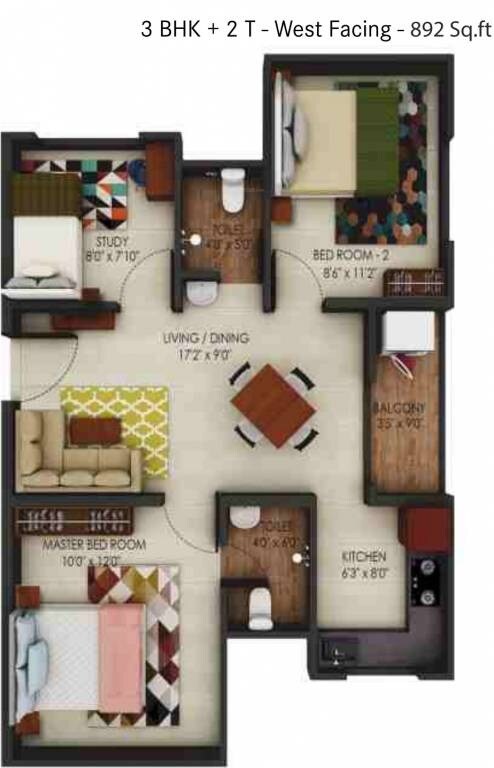 Floor plan of 3 BHK 892 Sq. Ft. Apartment in Urbanrise Code Name Independence Day, Chennai