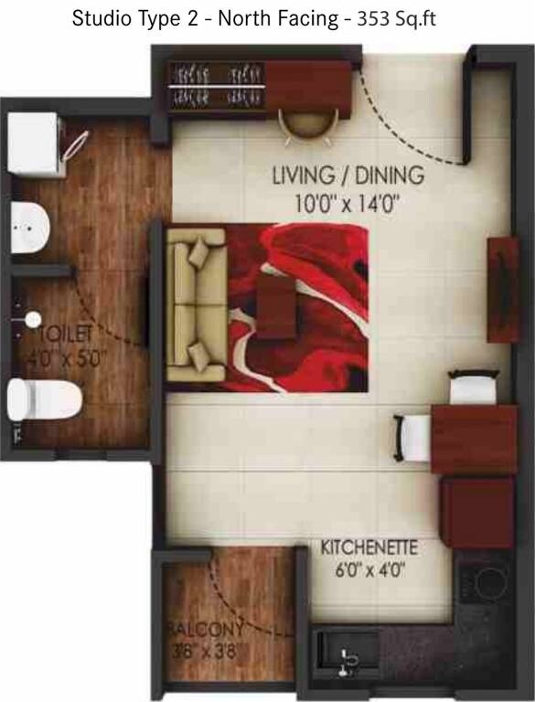 Floor plan of 353 Sq. Ft. Studio in Urbanrise Code Name Independence Day, Chennai