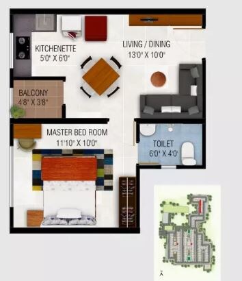 Floor plan of 1 BHK 510 Sq. Ft. Apartment in Urbanrise Codename Gold Standard, Chennai