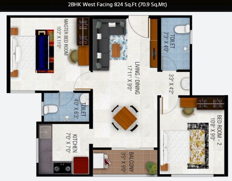 Floor plan of 2 BHK 824 Sq. Ft. Apartment in Urbanrise Codename Gold Standard, Chennai