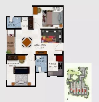 Floor plan of 2 BHK 764 Sq. Ft. Apartment in Urbanrise Codename Gold Standard, Chennai