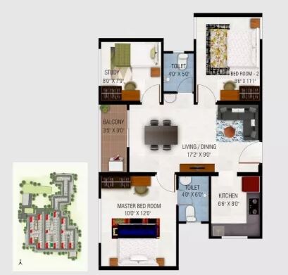 Floor plan of 3 BHK 896 Sq. Ft. Apartment in Urbanrise Codename Gold Standard, Chennai