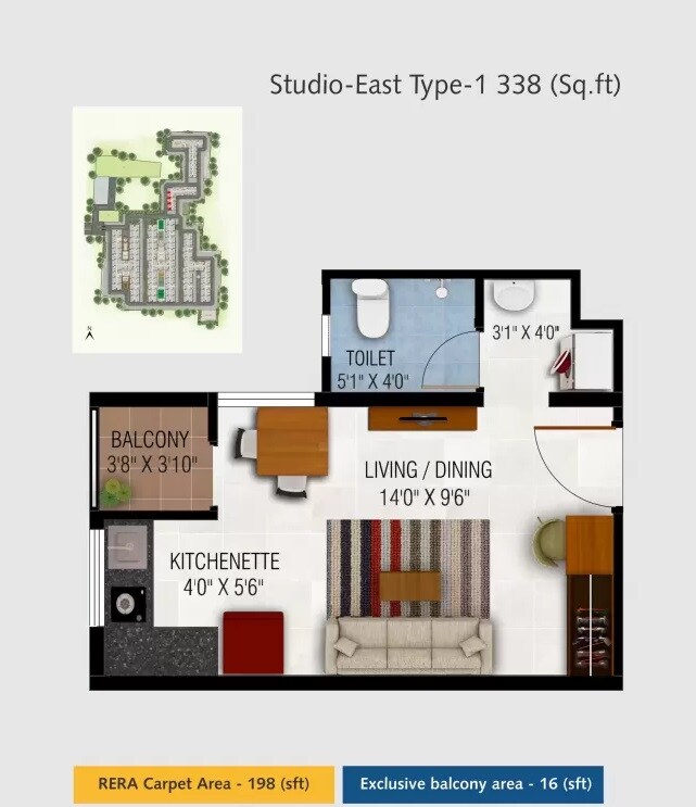 Floor plan of 338 Sq. Ft. Studio in Urbanrise Codename Gold Standard, Chennai