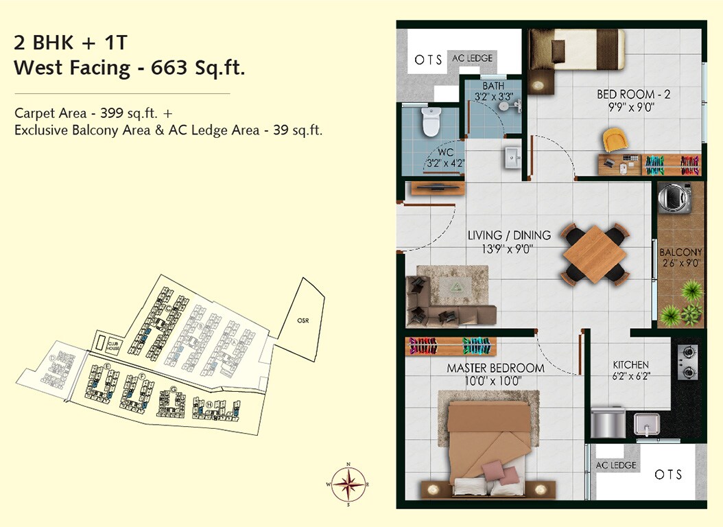 Floor plan of 2 BHK 663 Sq. Ft. Apartment in Urbanrise Manhattan Condos, Chennai