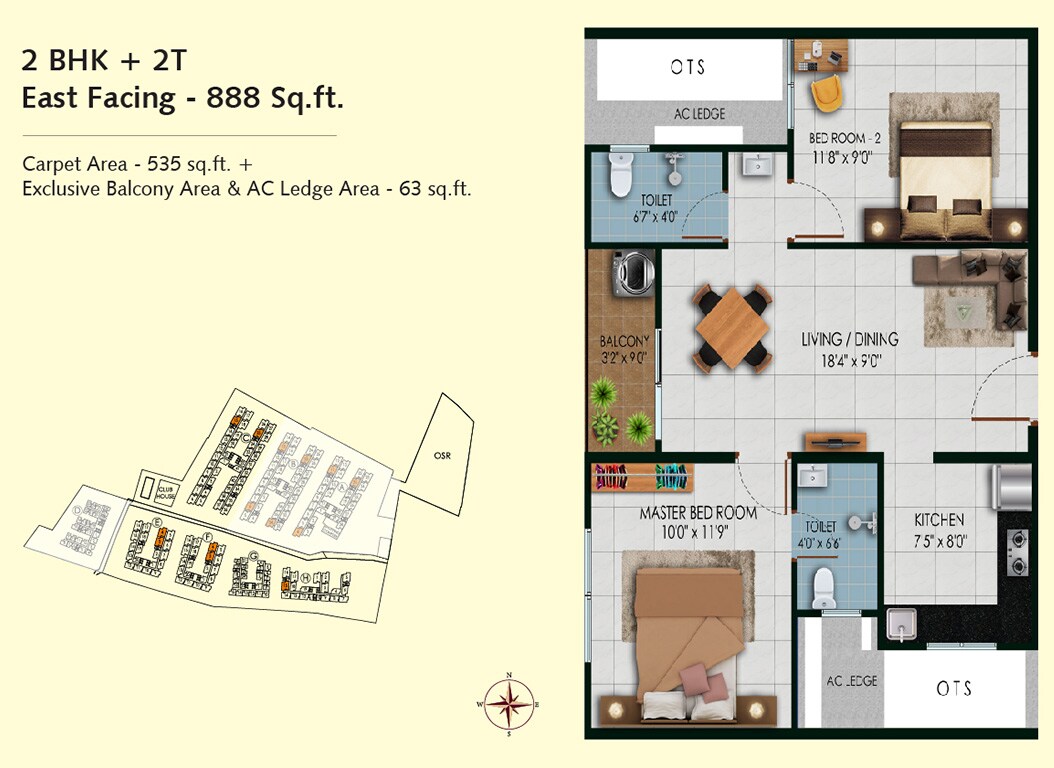 Floor plan of 2 BHK 888 Sq. Ft. Apartment in Urbanrise Manhattan Condos, Chennai