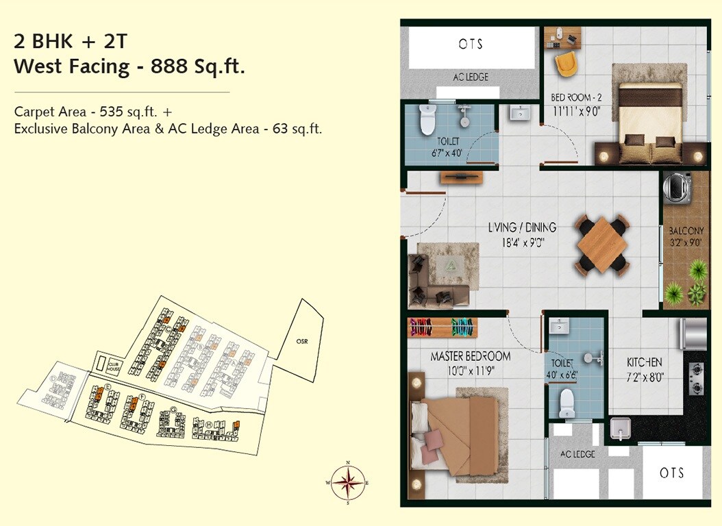 Floor plan of 2 BHK 888 Sq. Ft. Apartment in Urbanrise Revolution One, Chennai