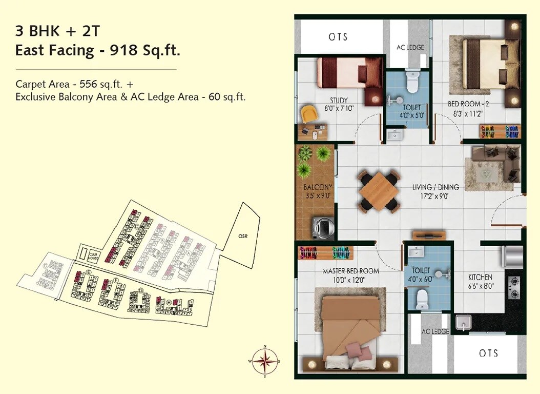Floor plan of 3 BHK 918 Sq. Ft. Apartment in Urbanrise Revolution One, Chennai