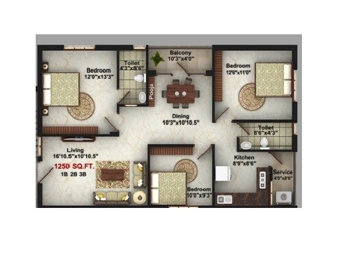 Floor plan of 3 BHK 1250 Sq. Ft. Apartment in Varthini Tulasi Park, Chennai