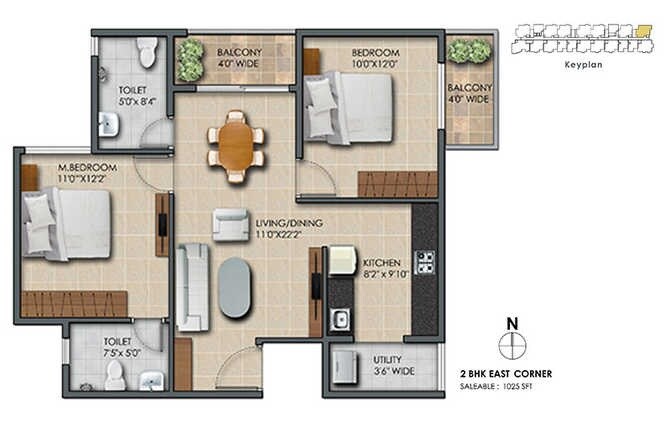 Floor plan of 2 BHK 1025 Sq. Ft. Apartment in Varthini Tulip Park, Chennai