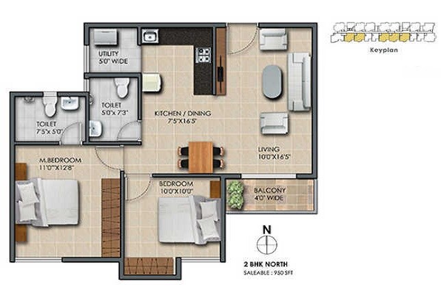 Floor plan of 2 BHK 950 Sq. Ft. Apartment in Varthini Tulip Park, Chennai
