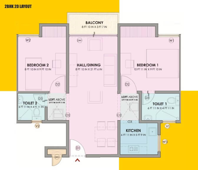 Floor plan of 2 BHK 792 Sq. Ft. Apartment in VBHC Oragadam, Chennai