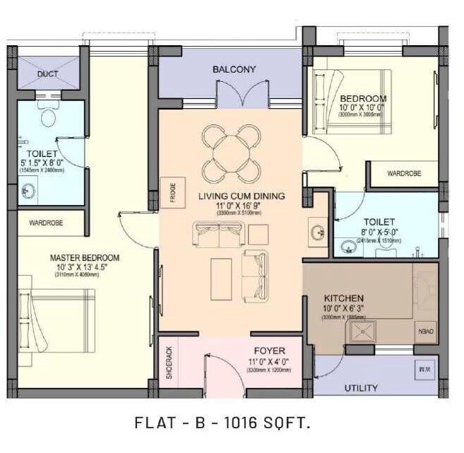 Floor plan of 2 BHK 1016 Sq. Ft. Apartment in Vedesh Vivaan, Chennai
