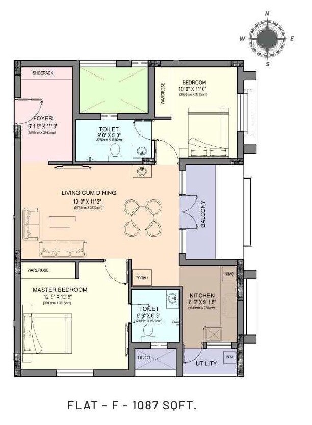 Floor plan of 2 BHK 1087 Sq. Ft. Apartment in Vedesh Vivaan, Chennai