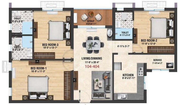 Floor plan of 3 BHK 1432 Sq. Ft. Apartment in Vencer Altara, Chennai
