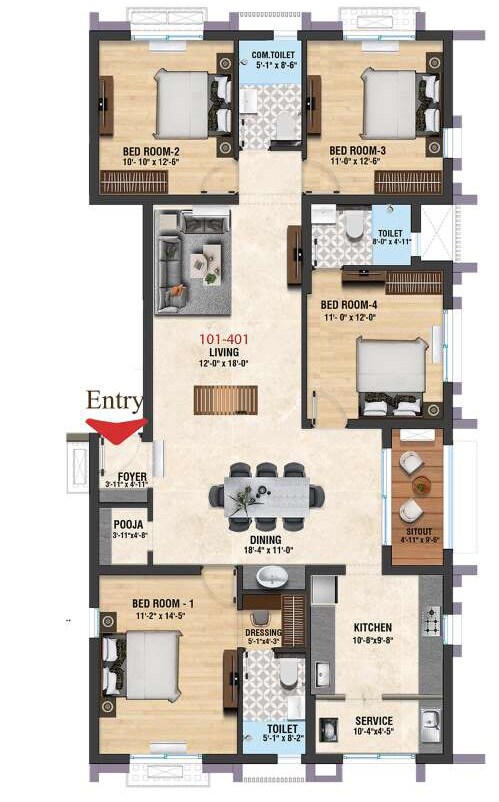 Floor plan of 4 BHK 1954 Sq. Ft. Apartment in Vencer Altara, Chennai