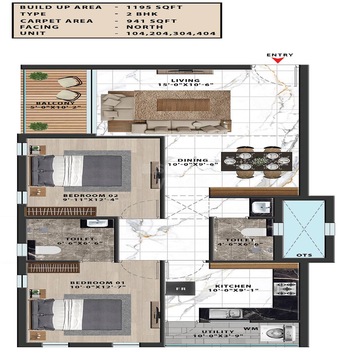 Floor plan of 2 BHK 941 Sq. Ft. Apartment in VGK Sai Hardik, Chennai