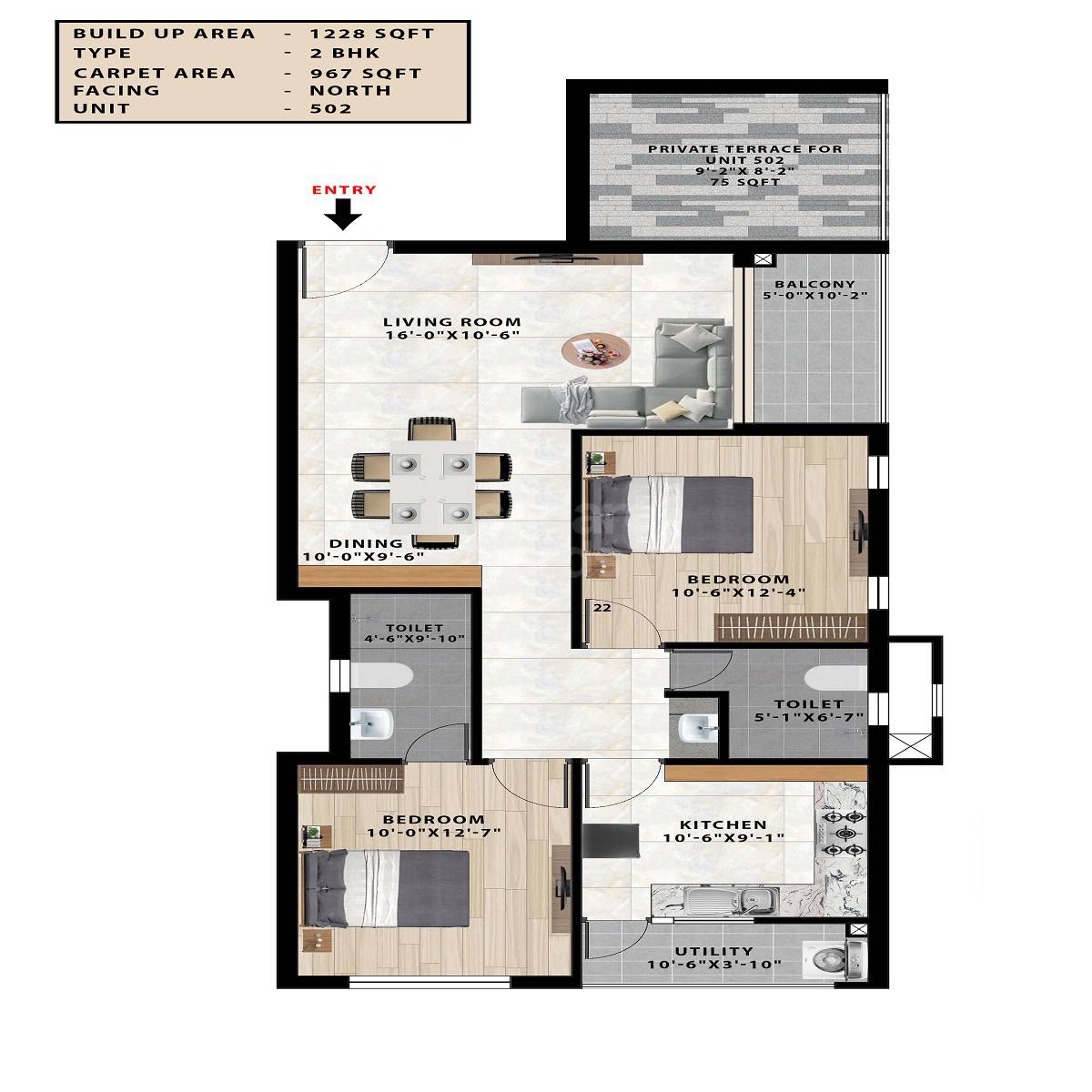 Floor plan of 2 BHK 967 Sq. Ft. Apartment in VGK Sai Hardik, Chennai