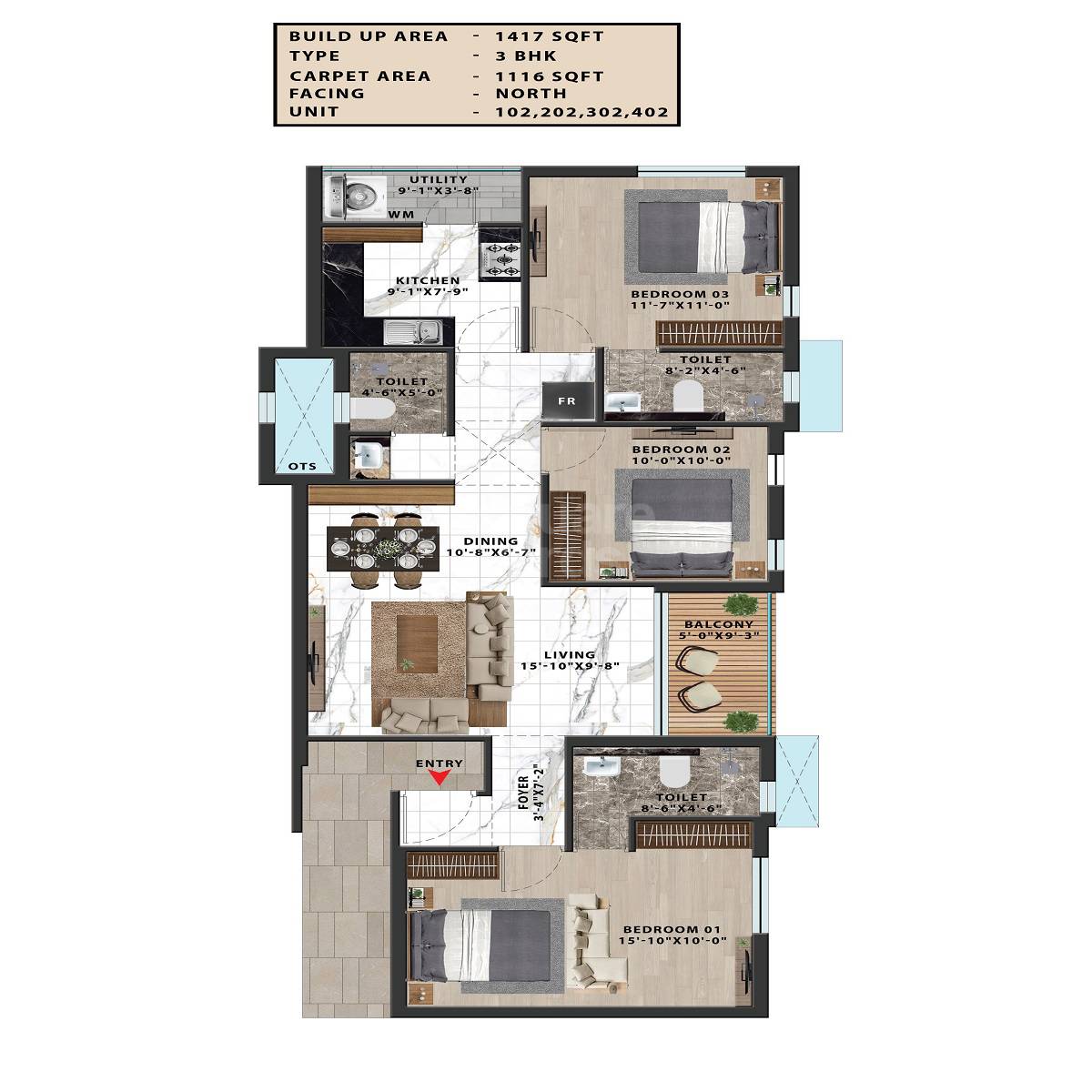 Floor plan of 3 BHK 1116 Sq. Ft. Apartment in VGK Sai Hardik, Chennai