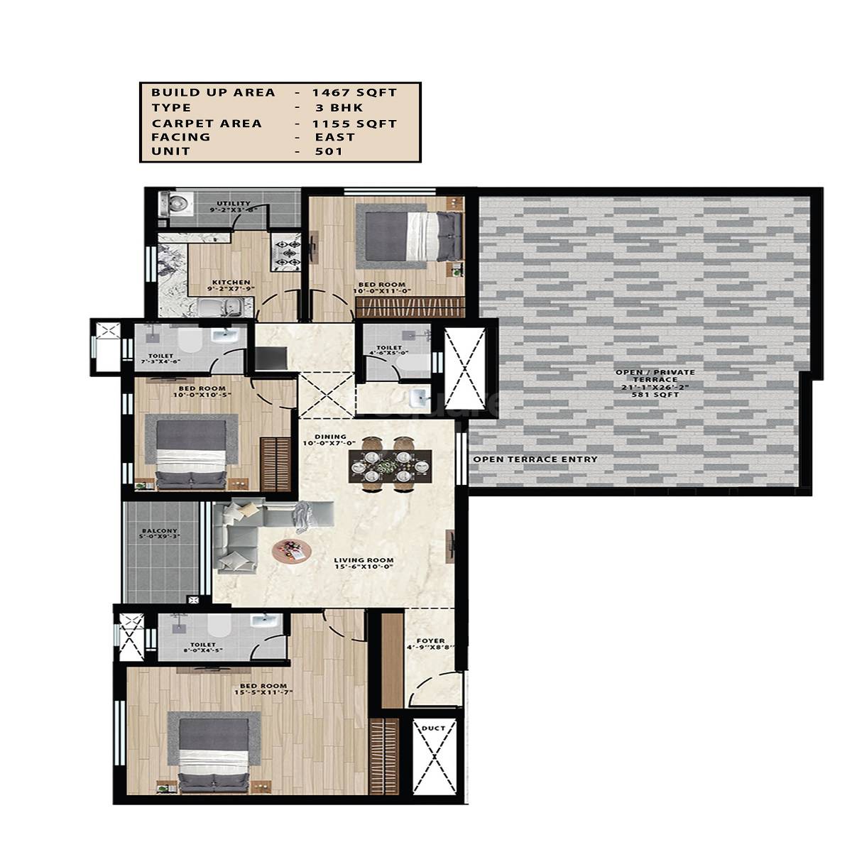 Floor plan of 3 BHK 1155 Sq. Ft. Apartment in VGK Sai Hardik, Chennai