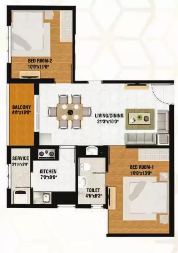 Floor plan of 2 BHK 1008 Sq. Ft. Apartment in VGK Summer Garden, Chennai