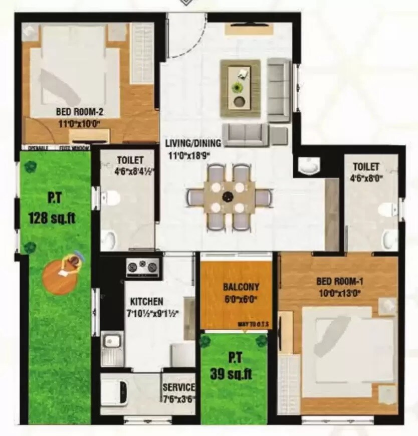 Floor plan of 2 BHK 1058 Sq. Ft. Apartment in VGK Summer Garden, Chennai