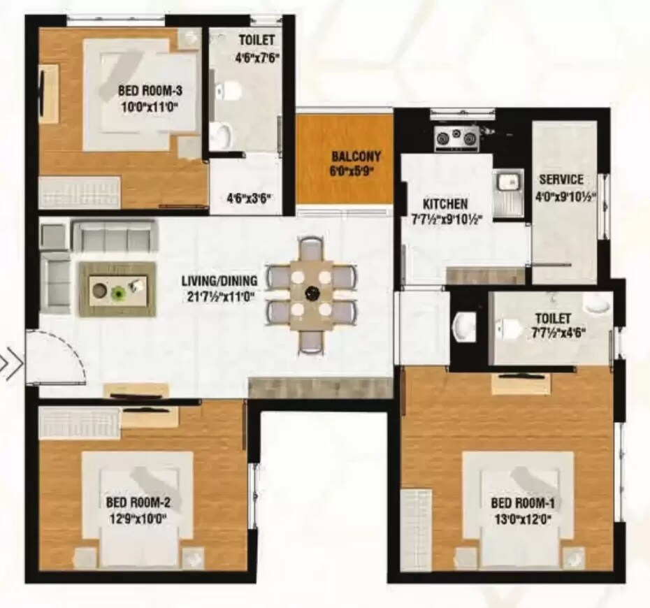Floor plan of 3 BHK 1341 Sq. Ft. Apartment in VGK Summer Garden, Chennai