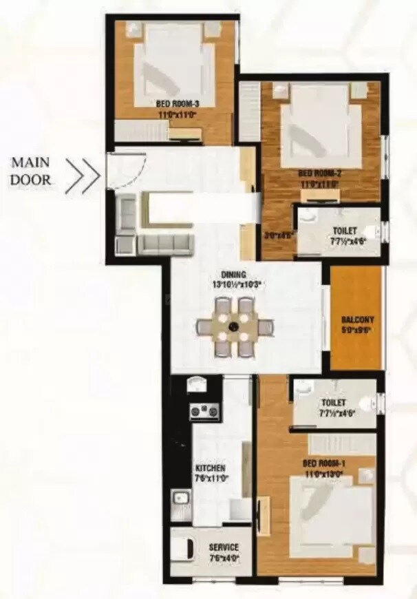 Floor plan of 3 BHK 1406 Sq. Ft. Apartment in VGK Summer Garden, Chennai