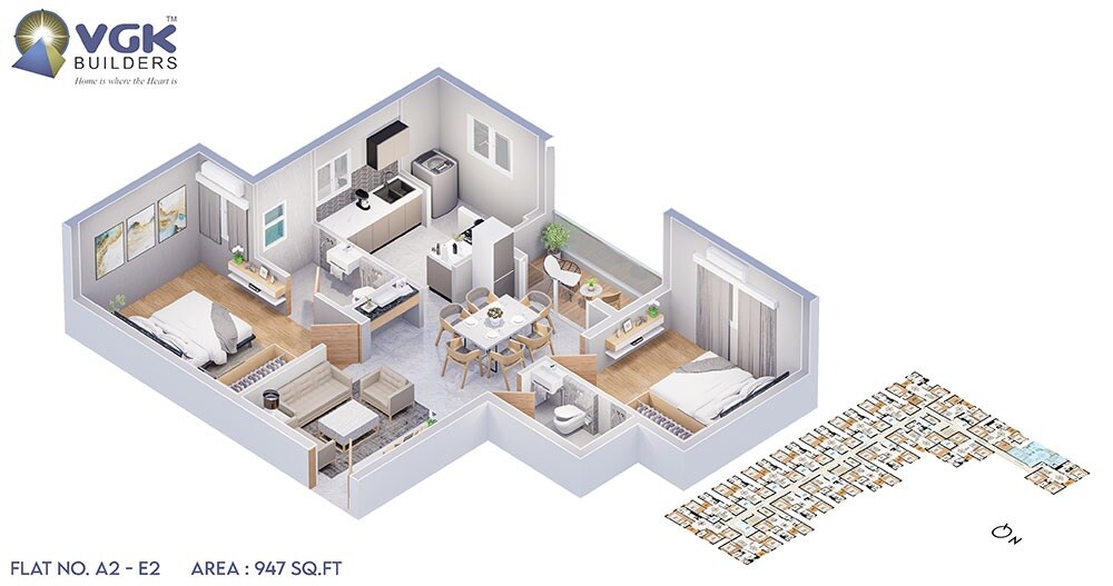 Floor plan of 2 BHK 947 Sq. Ft. Apartment in VGK Unity Kingdom, Chennai