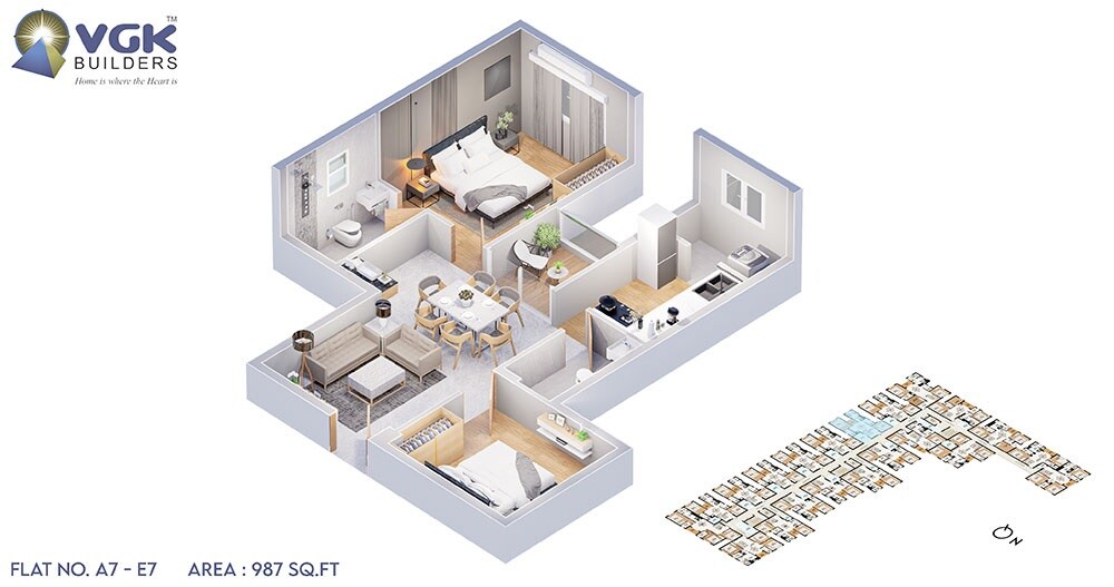 Floor plan of 2 BHK 987 Sq. Ft. Apartment in VGK Unity Kingdom, Chennai