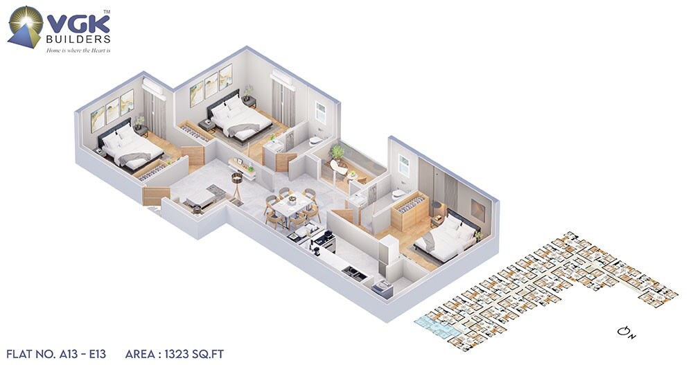 Floor plan of 3 BHK 1323 Sq. Ft. Apartment in VGK Unity Kingdom, Chennai