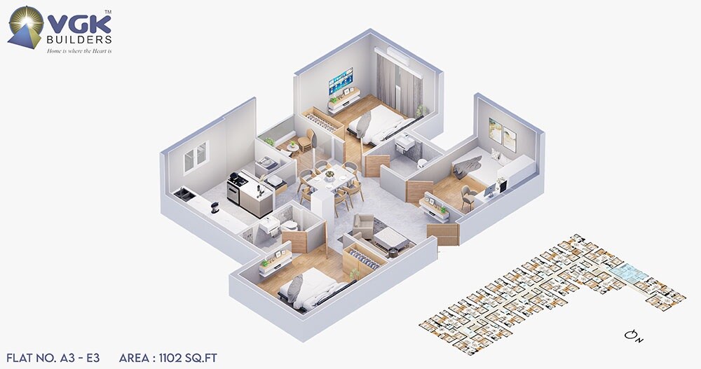 Floor plan of 3 BHK 1102 Sq. Ft. Apartment in VGK Unity Kingdom, Chennai