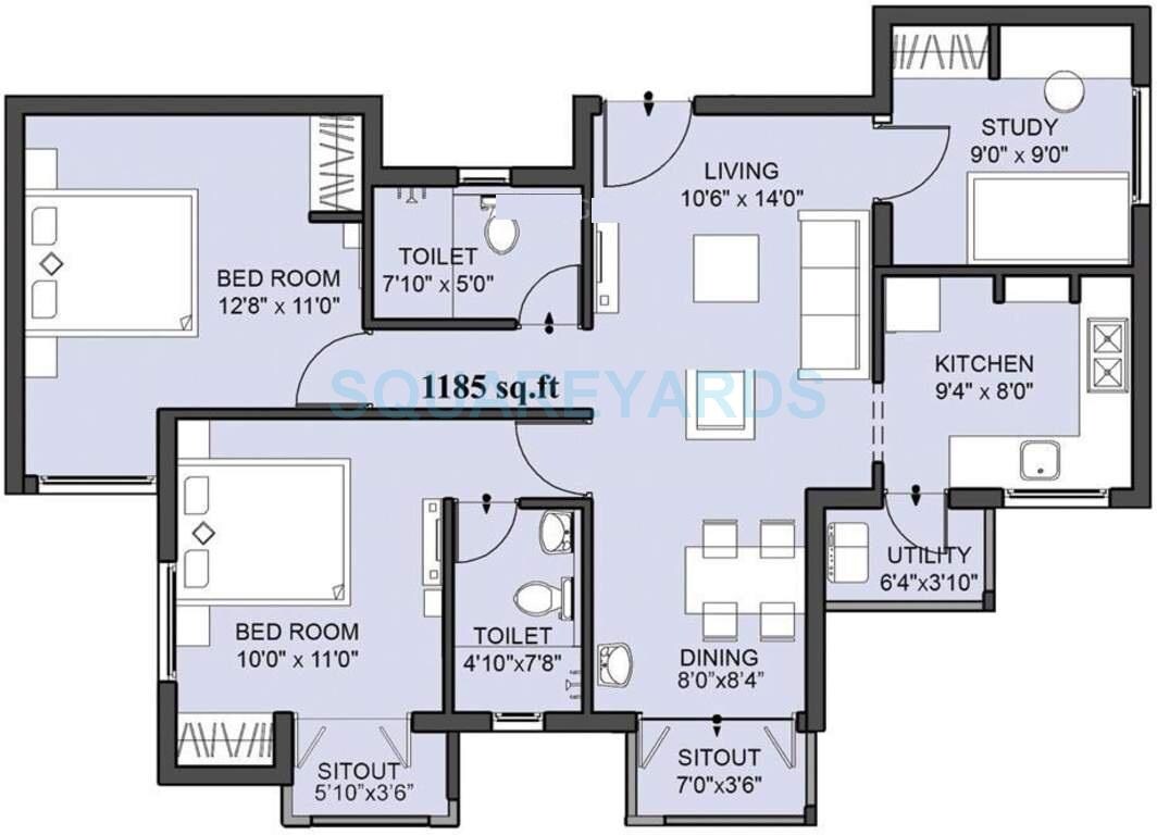Floor plan of 2 BHK 1185 Sq. Ft. Apartment in VGN Amity, Chennai