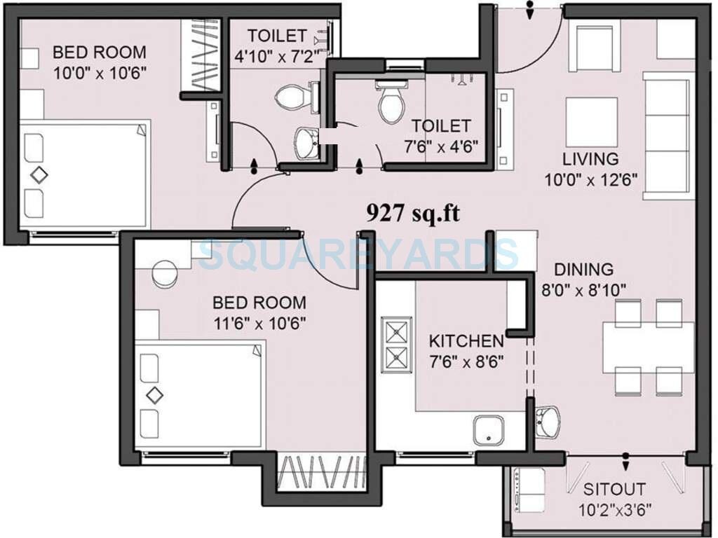 Floor plan of 2 BHK 927 Sq. Ft. Apartment in VGN Amity, Chennai
