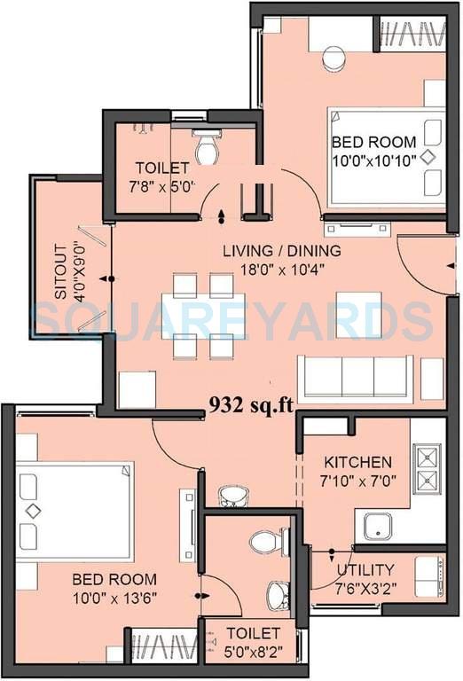 Floor plan of 2 BHK 932 Sq. Ft. Apartment in VGN Amity, Chennai