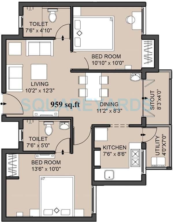 Floor plan of 2 BHK 959 Sq. Ft. Apartment in VGN Amity, Chennai
