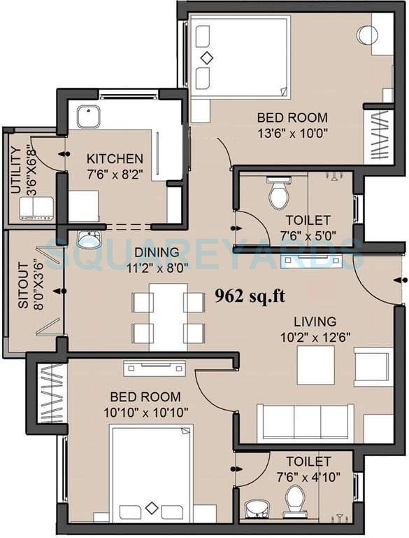 Floor plan of 2 BHK 962 Sq. Ft. Apartment in VGN Amity, Chennai